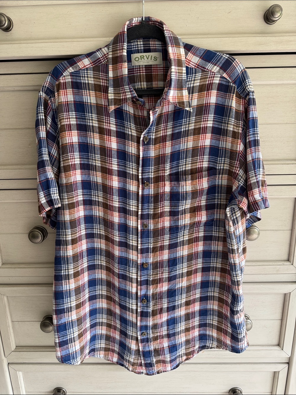 Men’s Orvis Plaid Linen Short Sleeve Button-Down Shirt SZ L Tall